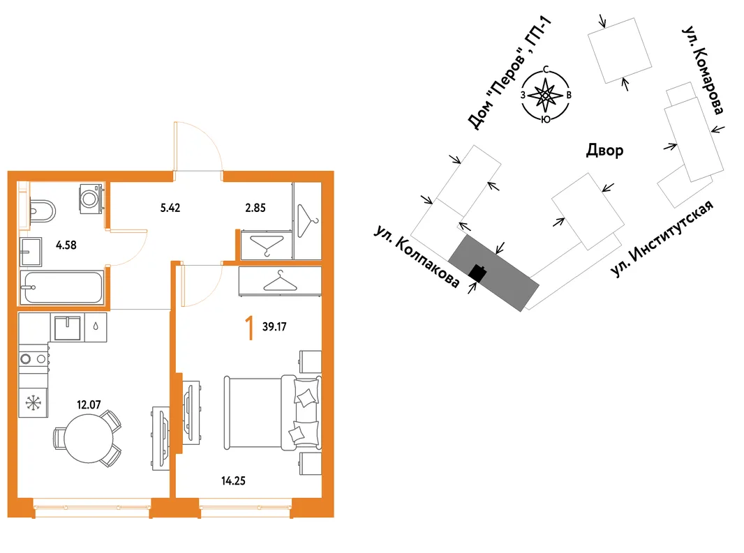 Планировка 1-комн. квартира, 39.17 м² ЖК «Страна.Парковая»