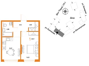 Планировка 1-комн. квартира, 39.17 м² ЖК «Страна.Парковая»