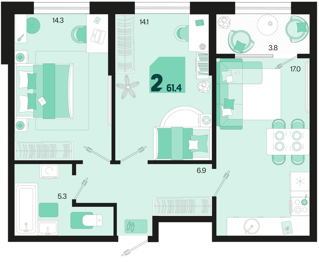 Планировка 2-комн. квартира, 61.4 м² ЖК «Первое место»