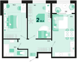 Планировка 2-комн. квартира, 61.4 м² ЖК «Первое место»