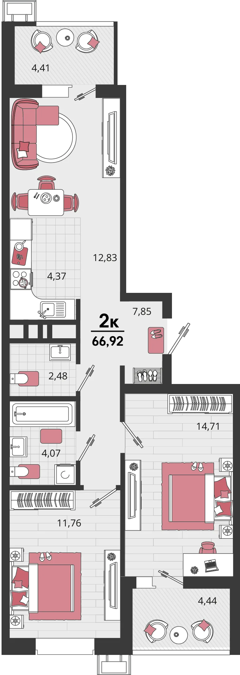 Планировка 3-комн. квартира, 66.92 м² ЖК «Родные просторы»