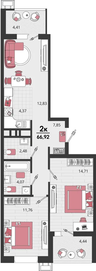 Планировка 3-комн. квартира, 66.92 м² ЖК «Родные просторы»