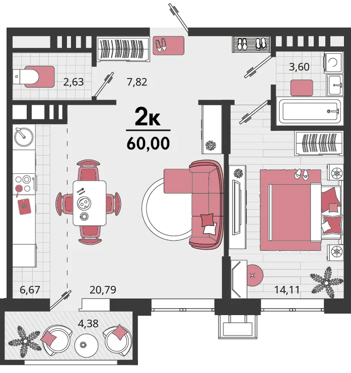 Планировка 2-комн. квартира, 60 м² ЖК «Родные просторы»