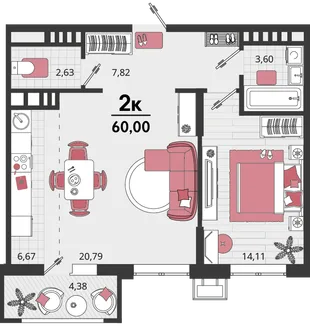 Планировка 2-комн. квартира, 60 м² ЖК «Родные просторы»