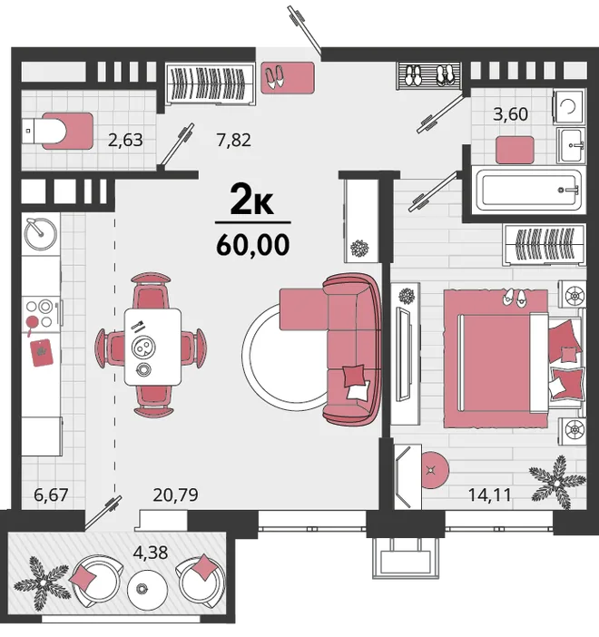 Планировка 2-комн. квартира, 60 м² ЖК «Родные просторы» Планировка 2-комн. квартира, 60 м² ЖК «Родные просторы»