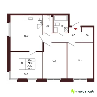 Планировка 3-комн. квартира, 74.3 м² ЖК «Лисино»