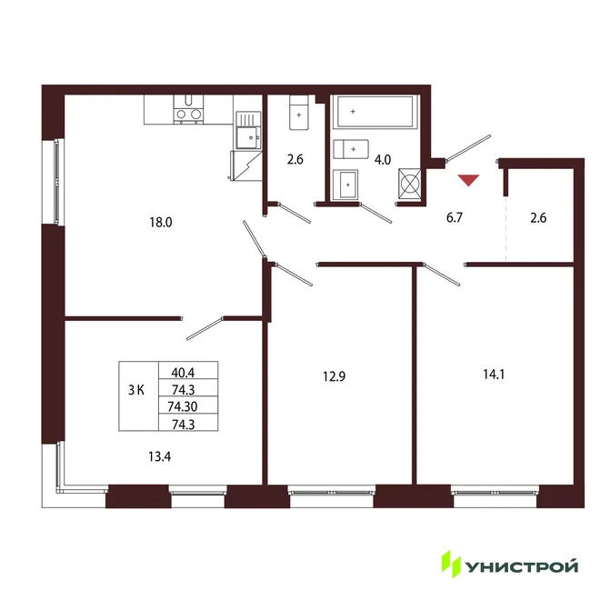 Планировка 3-комн. квартира, 74.3 м² ЖК «Лисино» Планировка 3-комн. квартира, 74.3 м² ЖК «Лисино»