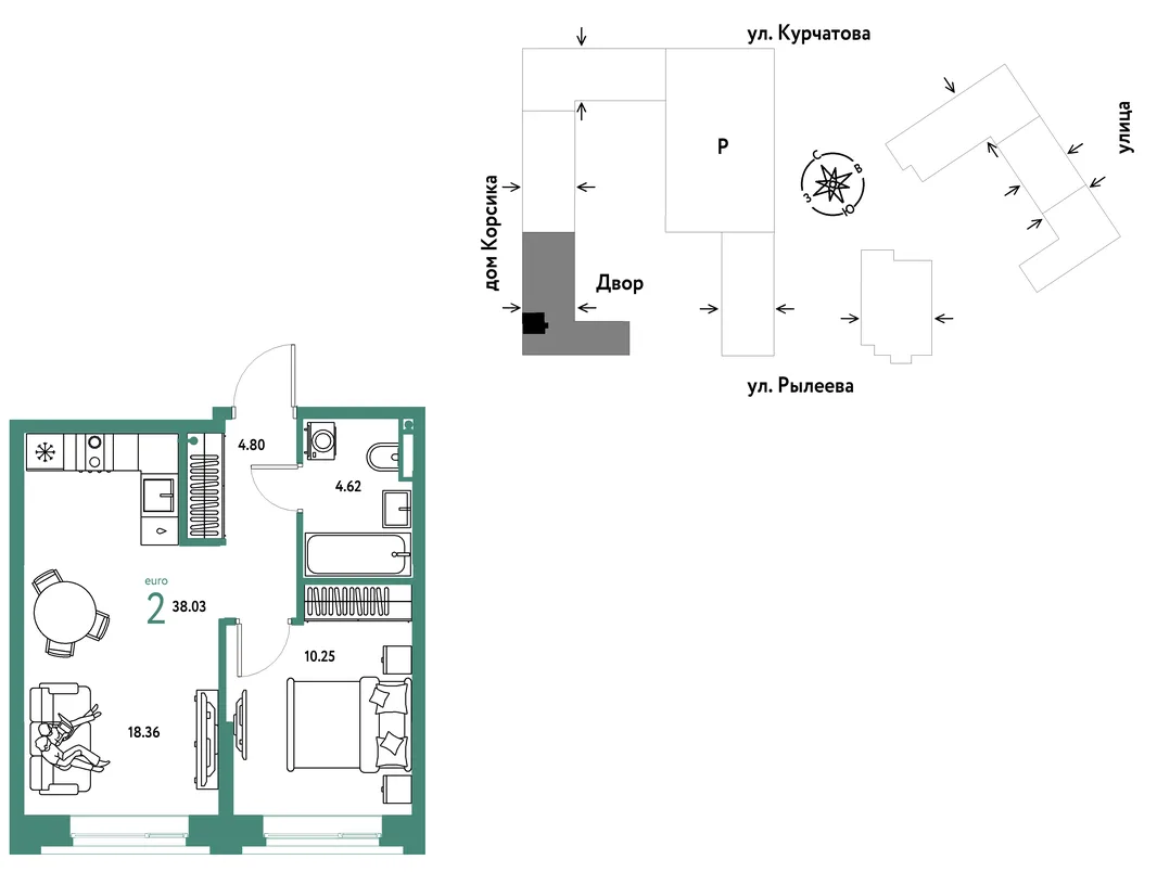 Планировка 2-комн. квартира, 38.03 м² ЖК «Остров-сад»