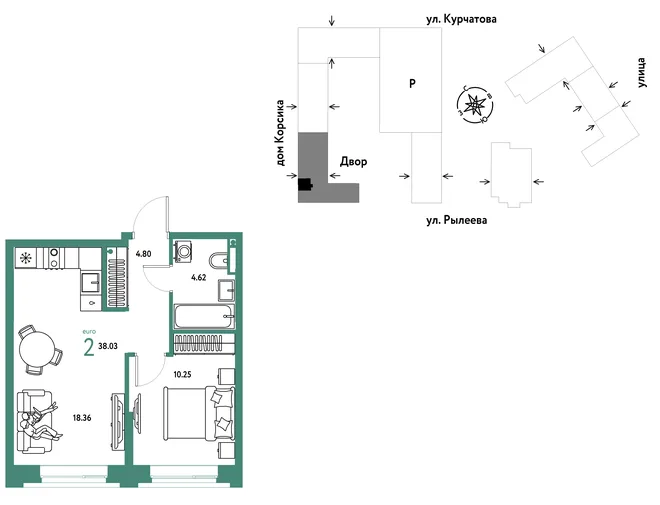 Планировка 2-комн. квартира, 38.03 м² ЖК «Остров-сад»