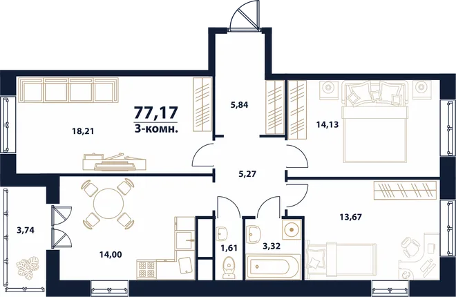 Планировка 3-комн. квартира, 77.17 м² ЖК «Атмосфера» Планировка 3-комн. квартира, 77.17 м² ЖК «Атмосфера»