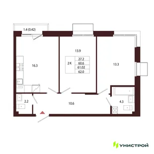 Планировка 2-комн. квартира, 61.02 м² ЖК «Лисино»