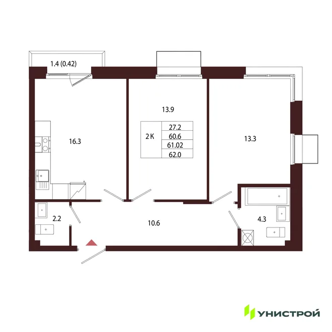 Планировка 2-комн. квартира, 61.02 м² ЖК «Лисино» Планировка 2-комн. квартира, 61.02 м² ЖК «Лисино»