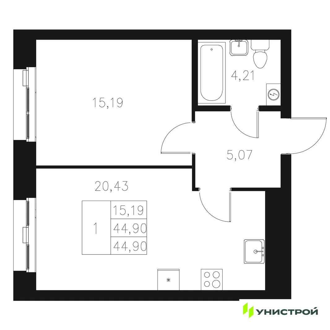 Планировка 1-комн. квартира, 44.9 м² ЖК «Statum»