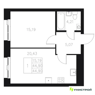 Планировка 1-комн. квартира, 44.9 м² ЖК «Statum»