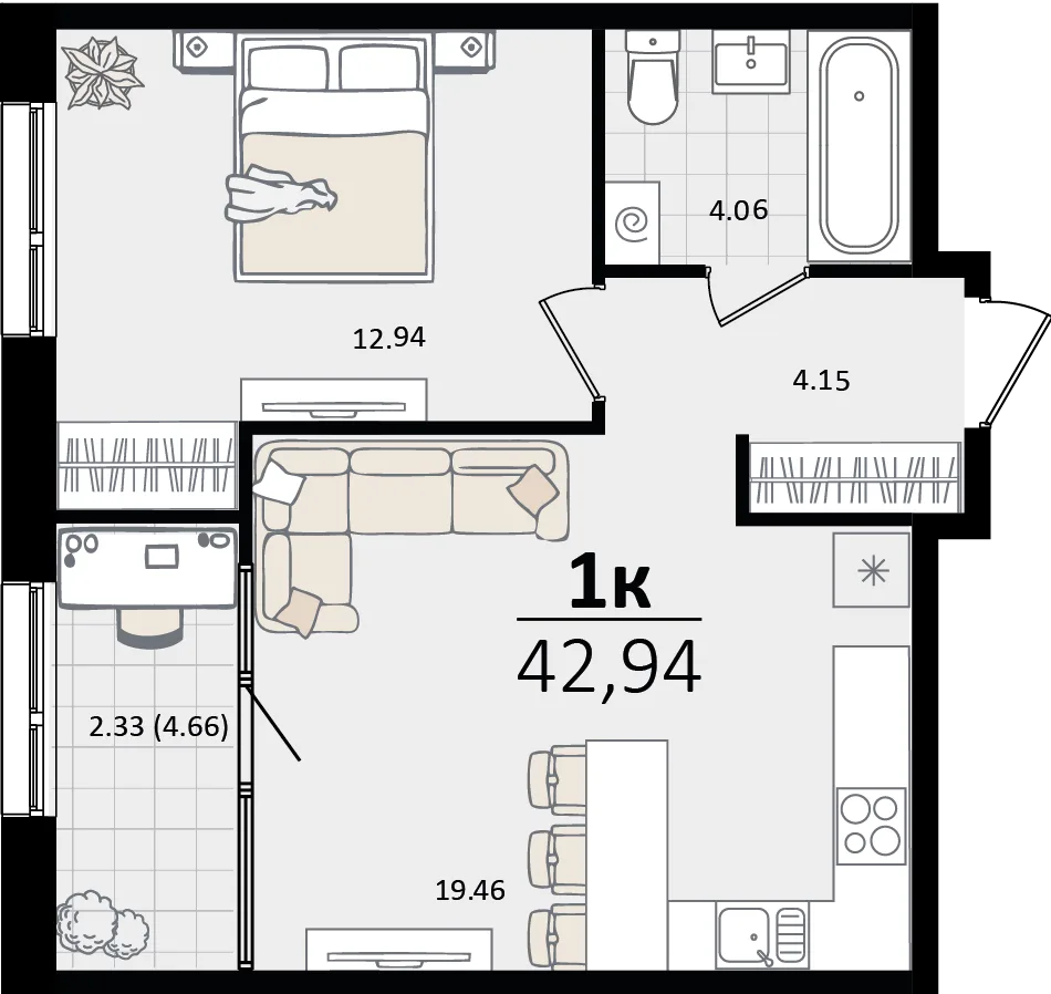 Планировка 1-комн. квартира, 42.94 м² ЖК «Патрики»