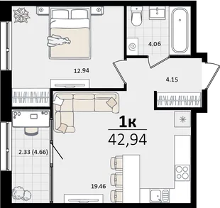 Планировка 1-комн. квартира, 42.94 м² ЖК «Патрики»
