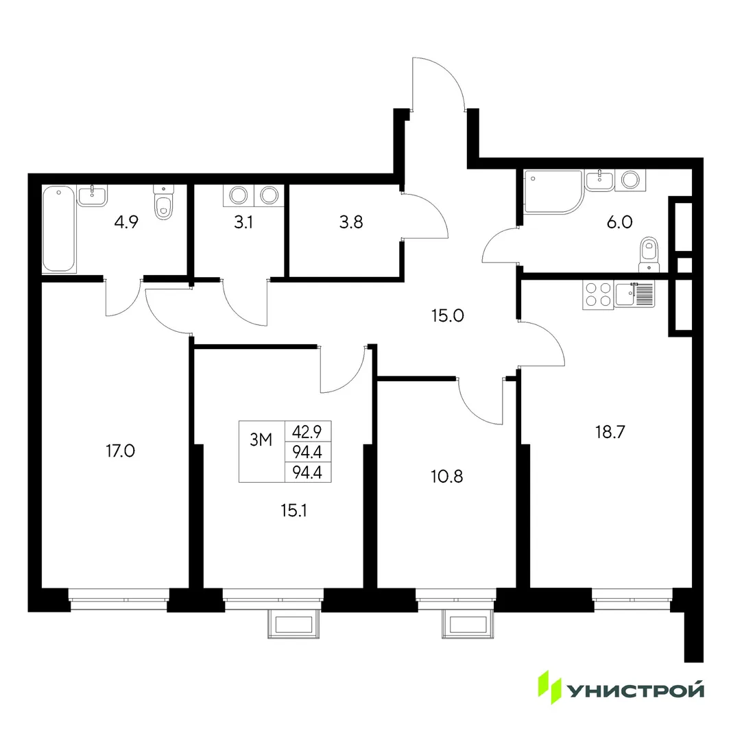 Планировка 3-комн. квартира, 94.4 м² ЖК «Стадиум»