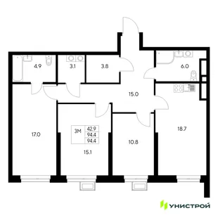 Планировка 3-комн. квартира, 94.4 м² ЖК «Стадиум»