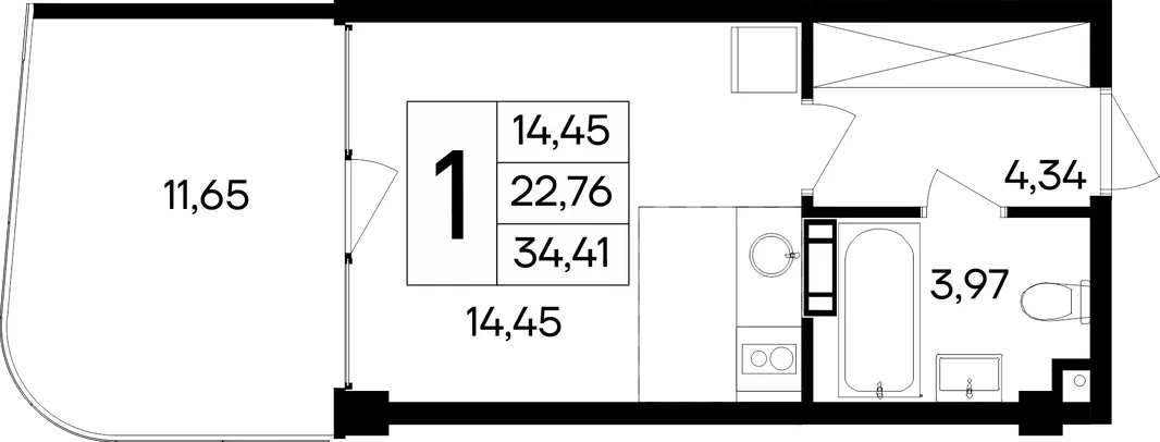 Планировка Студия, 34.41 м² Курортный кластер «САГА»
