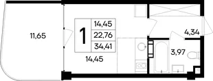 Планировка Студия, 34.41 м² Курортный кластер «САГА»