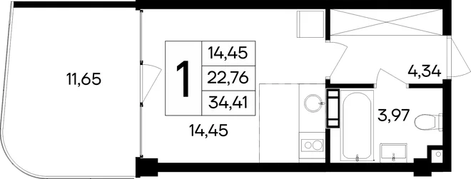 Планировка Студия, 34.41 м² Курортный кластер «САГА»