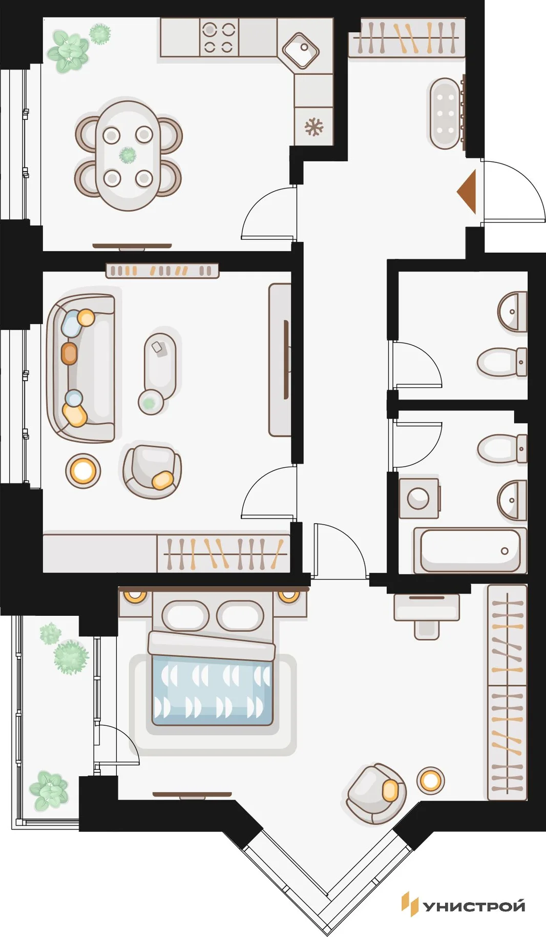 Планировка 2-комн. квартира, 77.12 м² ЖК «Жилой кластер Q на Кулагина»