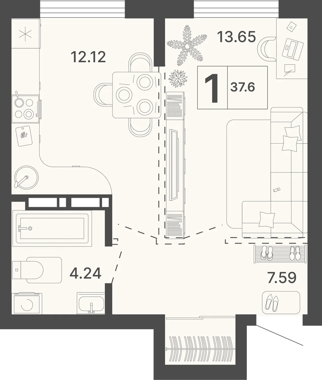 Планировка 1-комн. квартира, 37.6 м² ЖК «Светский лес»