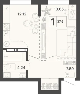 Планировка 1-комн. квартира, 37.6 м² ЖК «Светский лес»