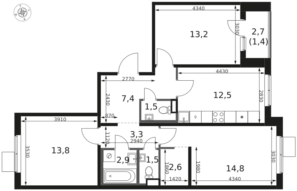 Планировка 3-комн. квартира, 74.9 м² ЖК «1-й Химкинский»