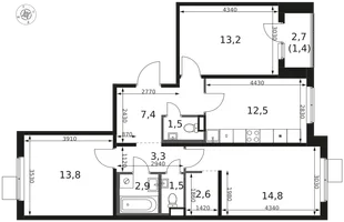Планировка 3-комн. квартира, 74.9 м² ЖК «1-й Химкинский»