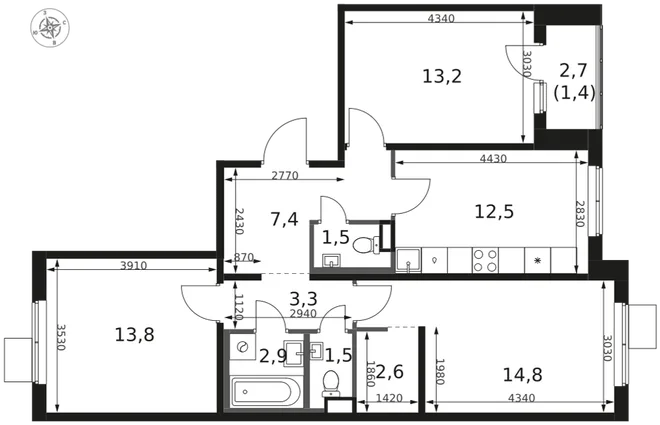 Планировка 3-комн. квартира, 74.9 м² ЖК «1-й Химкинский» Планировка 3-комн. квартира, 74.9 м² ЖК «1-й Химкинский»