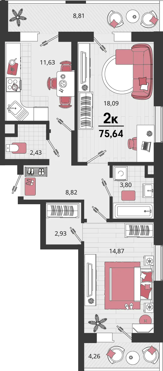 Планировка 2-комн. квартира, 75.64 м² ЖК «Родные просторы»