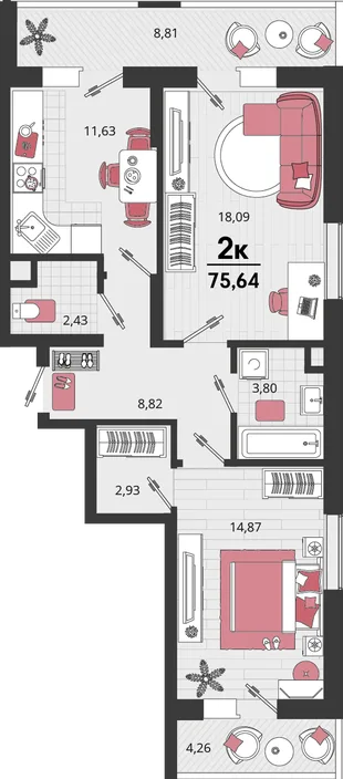 Планировка 2-комн. квартира, 75.64 м² ЖК «Родные просторы»