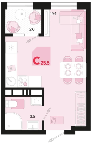 Планировка Студия, 25.5 м² ЖК «Первое место»