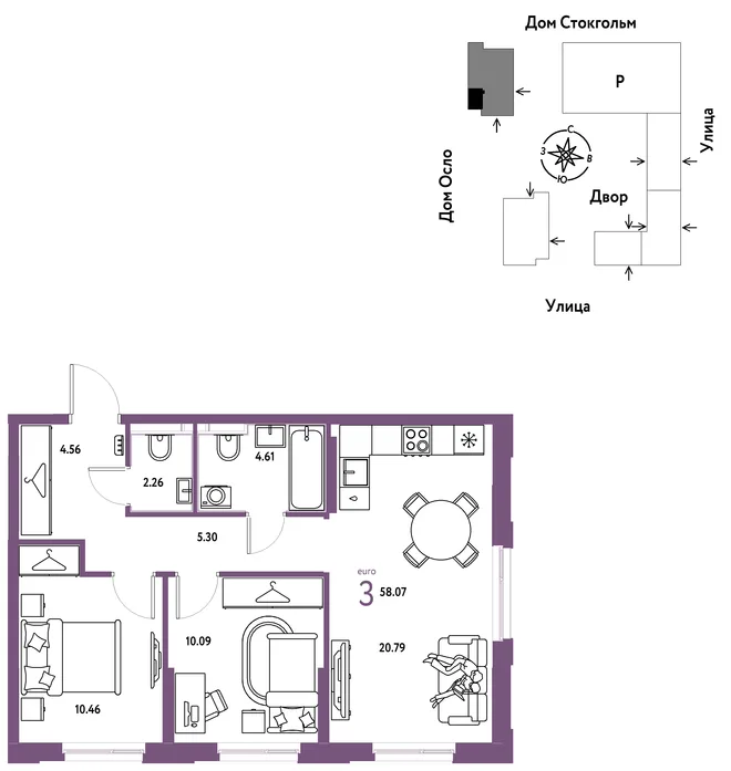 Планировка 3-комн. квартира, 58.07 м² ЖК «Европейский берег 2.0» Планировка 3-комн. квартира, 58.07 м² ЖК «Европейский берег 2.0»