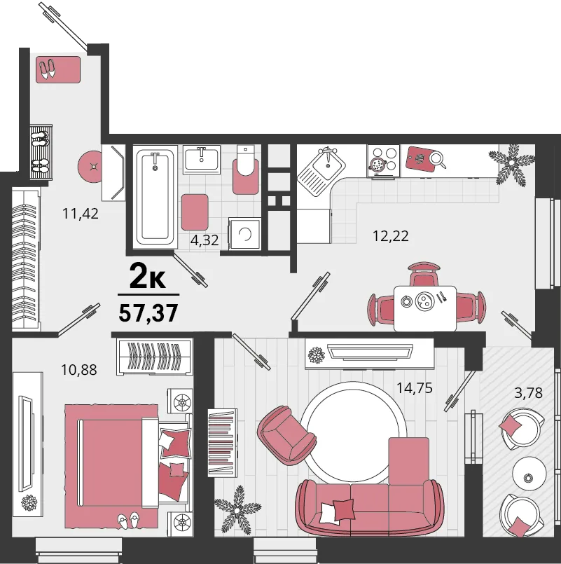 Планировка 2-комн. квартира, 57.37 м² ЖК «Родные просторы»