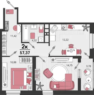 Планировка 2-комн. квартира, 57.37 м² ЖК «Родные просторы»