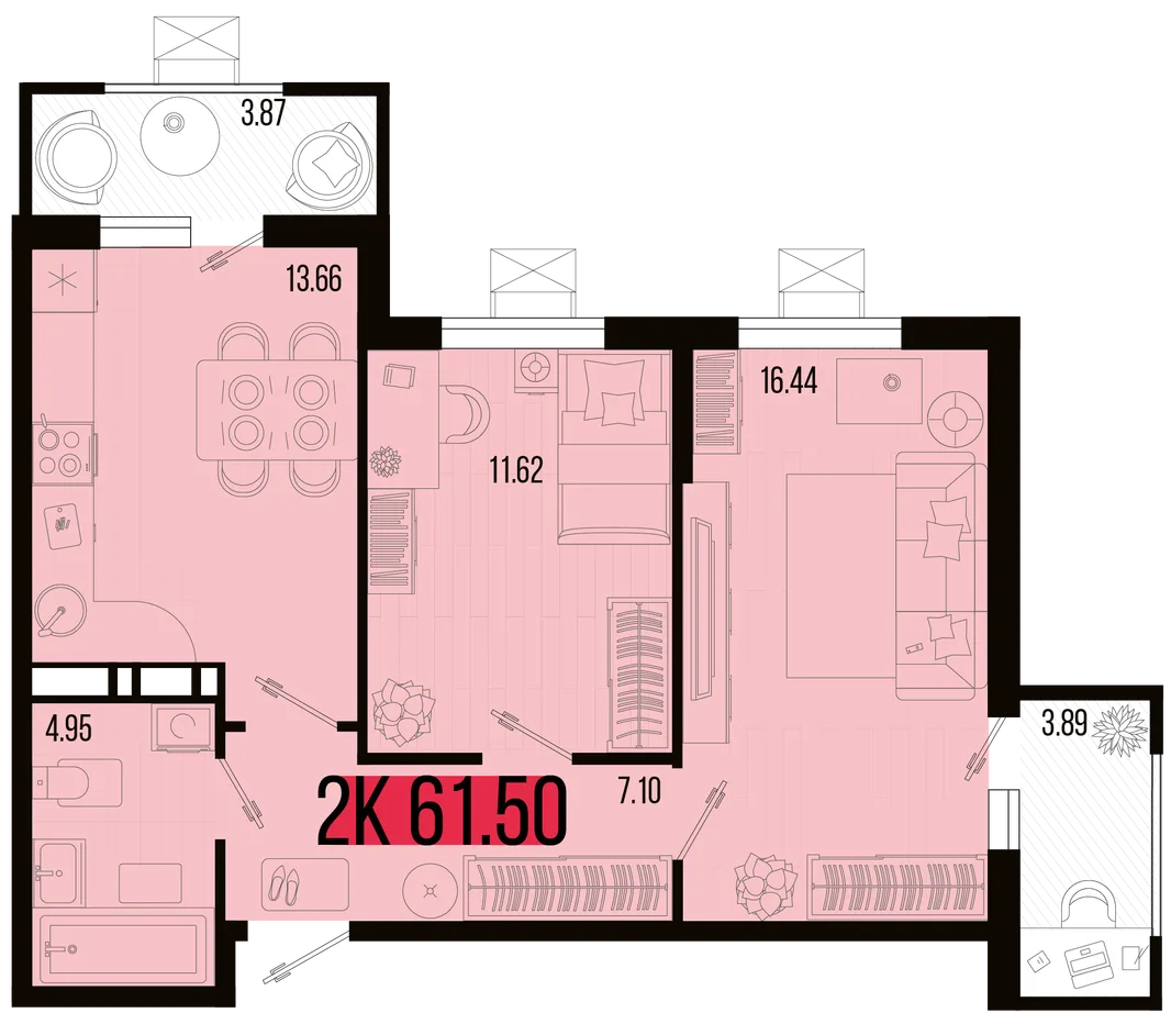 Планировка 2-комн. квартира, 57.64 м² ЖК «Цветной бульвар»