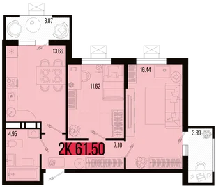 Планировка 2-комн. квартира, 57.64 м² ЖК «Цветной бульвар»