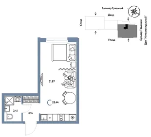 Планировка Студия, 28.44 м² ЖК «Микрорайон Домашний»