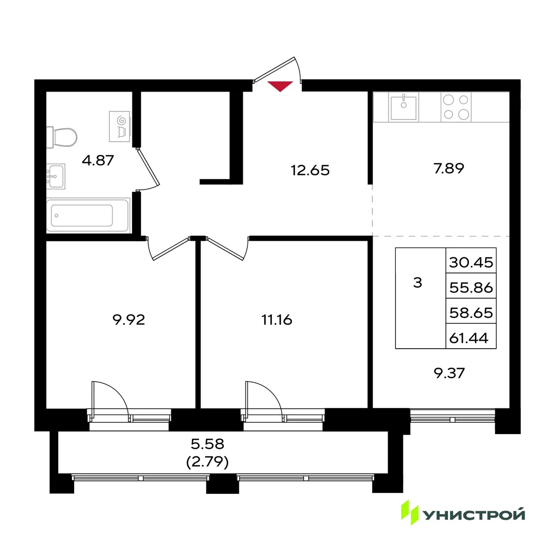 Планировка 3-комн. квартира, 58.59 м² ЖК «Уникум на Энгельса»