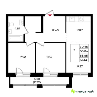 Планировка 3-комн. квартира, 58.59 м² ЖК «Уникум на Энгельса»