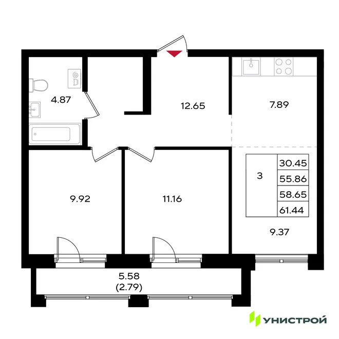 Планировка 3-комн. квартира, 58.59 м² ЖК «Уникум на Энгельса» Планировка 3-комн. квартира, 58.59 м² ЖК «Уникум на Энгельса»