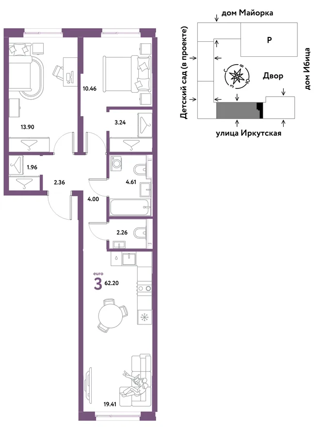 Планировка 3-комн. квартира, 62.2 м² ЖК «Остров-сад» Планировка 3-комн. квартира, 62.2 м² ЖК «Остров-сад»
