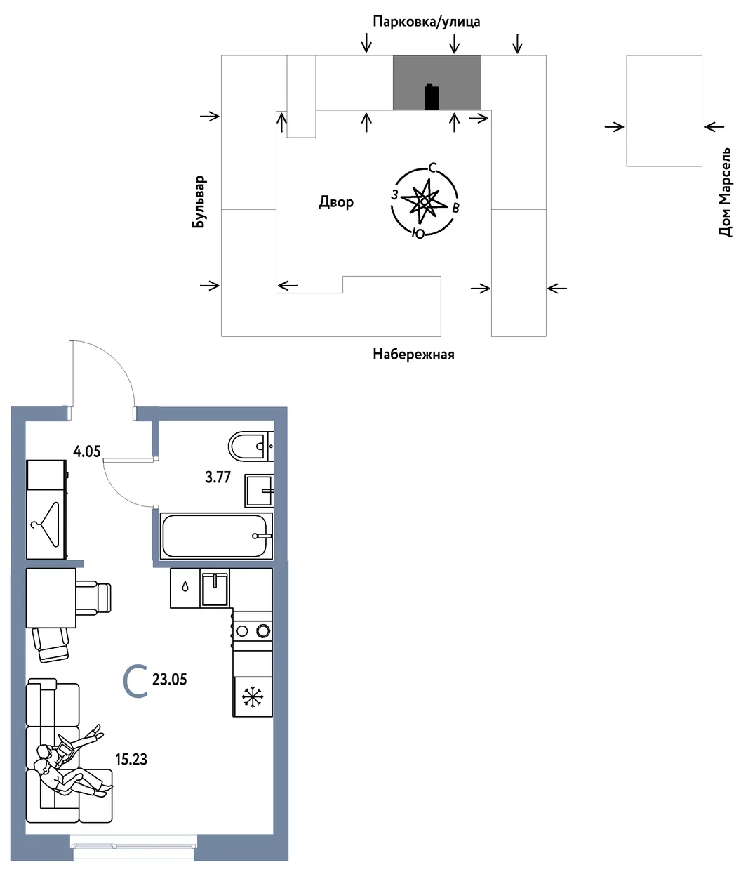Планировка Студия, 23.05 м² ЖК «Европейский берег 2.0»