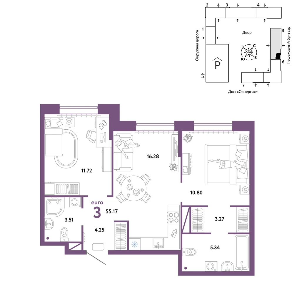 Планировка 3-комн. квартира, 55.17 м² ЖК «Юнион»
