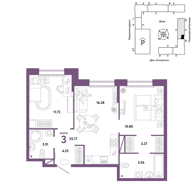 Планировка 3-комн. квартира, 55.17 м² ЖК «Юнион» Планировка 3-комн. квартира, 55.17 м² ЖК «Юнион»