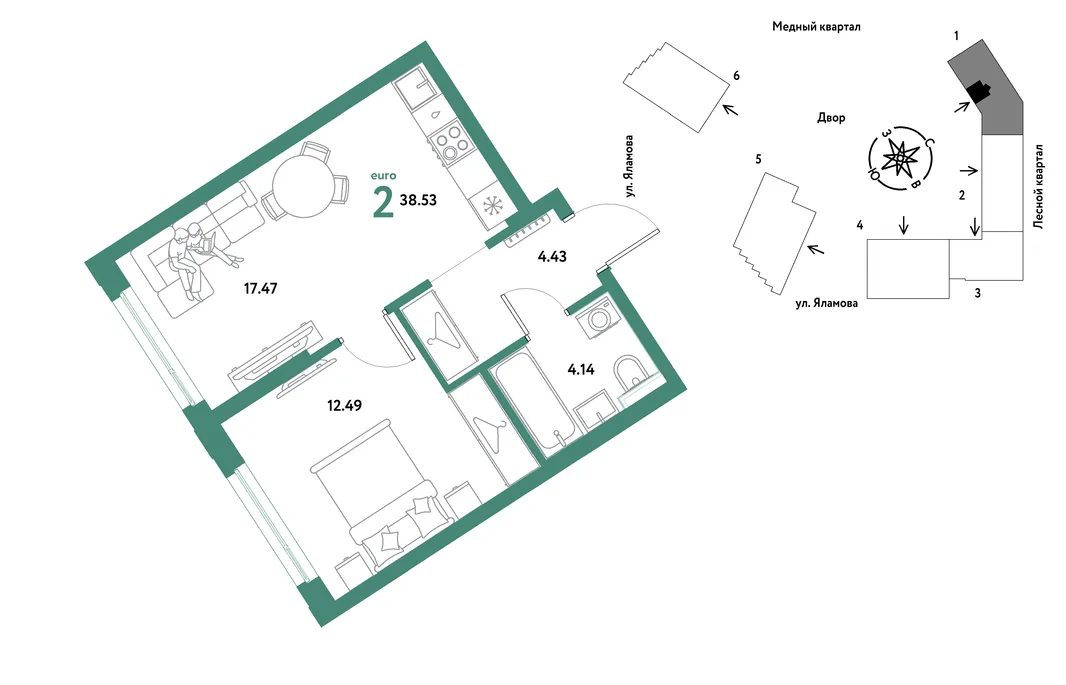 Планировка 2-комн. квартира, 38.53 м² ЖК «Сибирский сад»