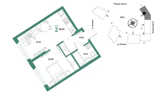 Планировка 2-комн. квартира, 38.53 м² ЖК «Сибирский сад»