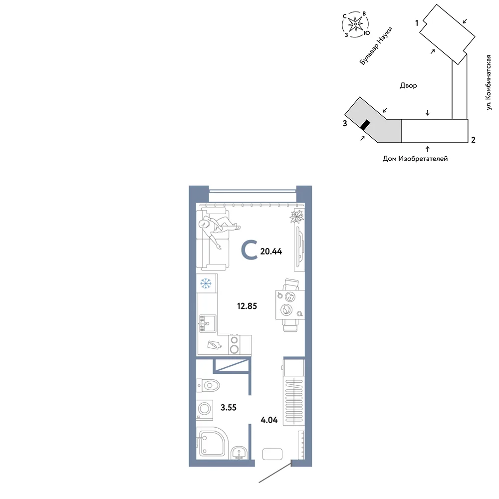 Планировка Студия, 20.44 м² ЖК «Авторский»